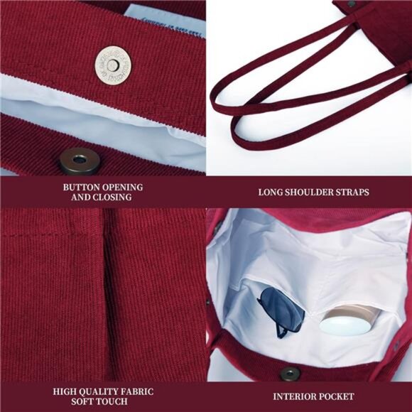 Women Corduroy Tote Bag Shoulder Bag Large Pocket Work Travel Beach Shopping Bag - Picture 4 of 7